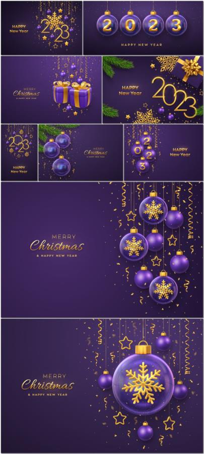 Merry christmas greeting card or banner hanging transparent glass balls pine branches on purple background