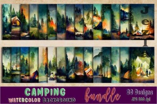 Watercolor Background of Camping Bundle