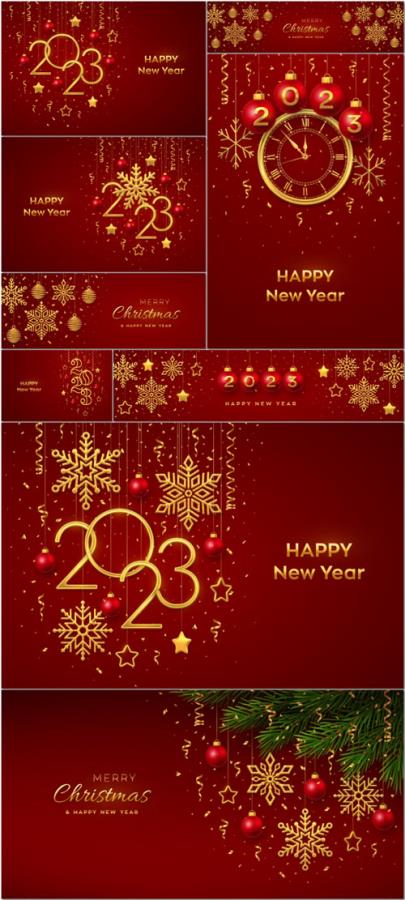 Christmas red background with hanging shining golden snowflakes and balls merry christmas greeting card