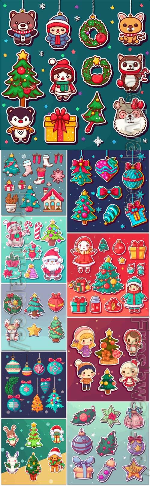 Sticker set xmas, attribute ornament, sticker collection new year holidays