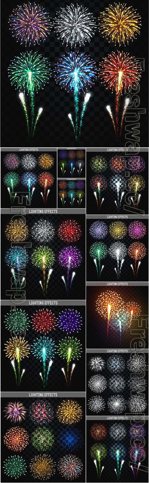 Vector fireworks set, realistic bright colorful salutes