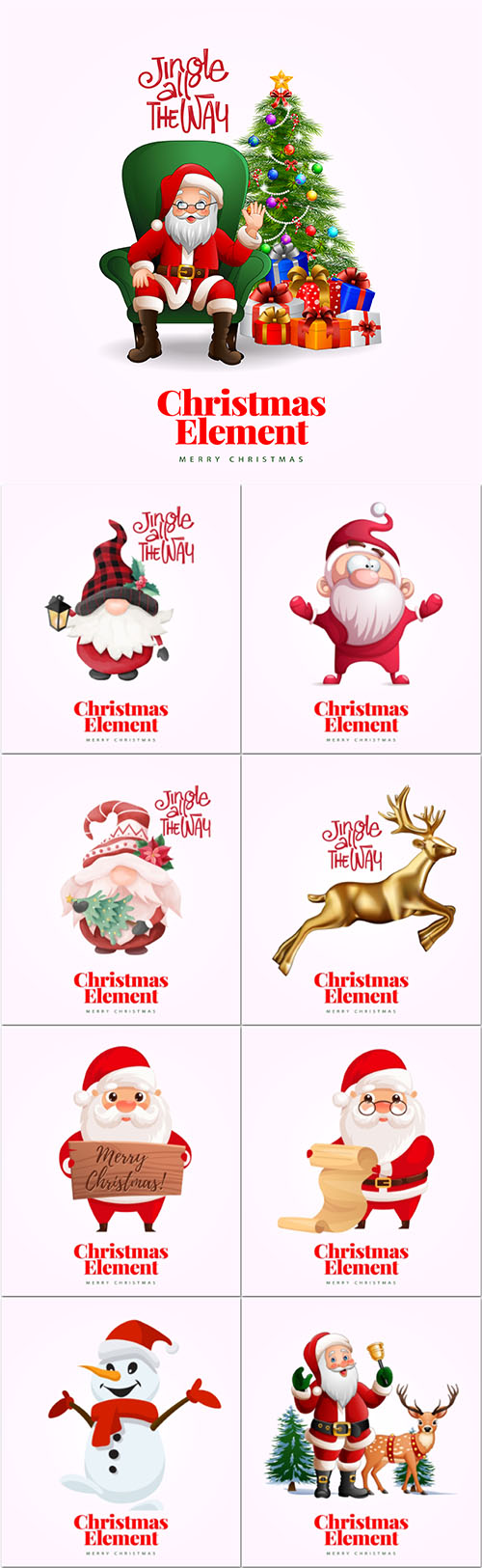 Christmas characters, santa, snowman, gnomes, deer in vector