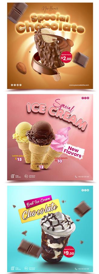 PSD ice cream menu promotion with social media post template