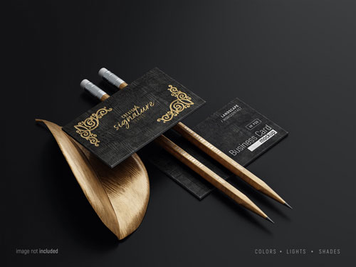 PSD horizontal business cards mockup scene with wood texture