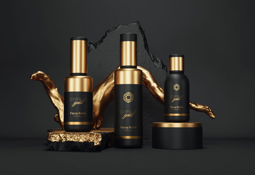 PSD fancy cosmetic bottle packaging mockup gold version