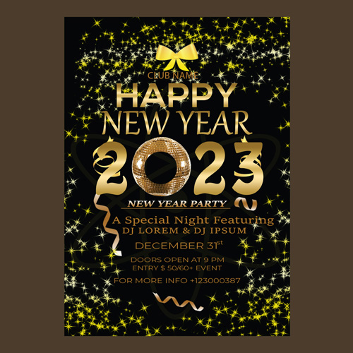 Happy new year flyer 2023 with golden festive decor