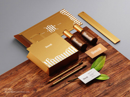 PSD cosmetic stationery set branding mockup with paper bag bottles envelope and business cards vol 2