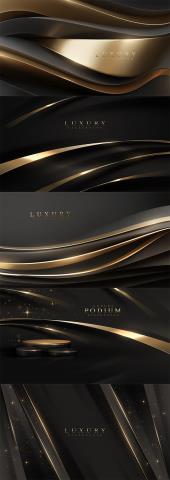 Black luxury background with golden curve elements and glitter light ...