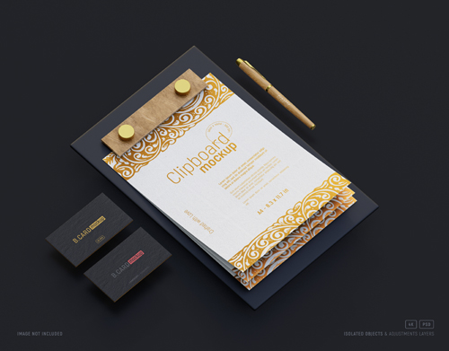 PSD business cards and a4 letterhead mockup with clipboard perspective view