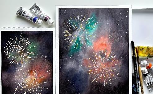 Fireworks in watercolour painting festive Christmas and New Year postcards