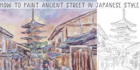 Watercolor street in Japanese style in Procreate – digital tutorial step by step