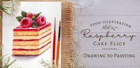 Food Illustration Drawing to Painting Raspberry Cake Slice