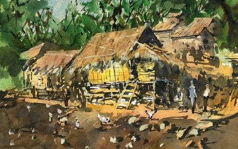 Village Huts in Watercolour Laos