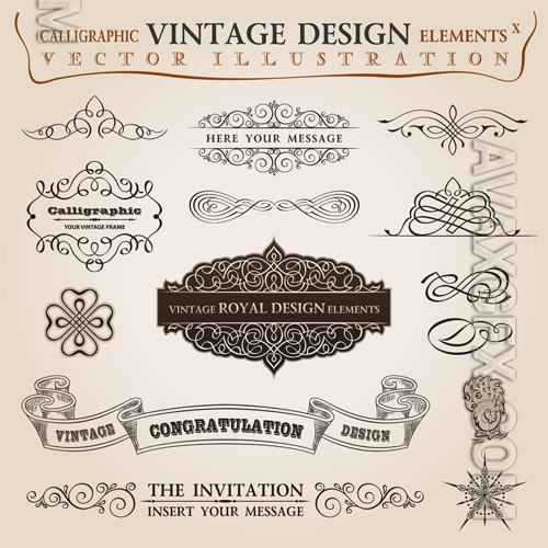 Vector calligraphic elements vintage set and congratulation ribbon frame ornament decor