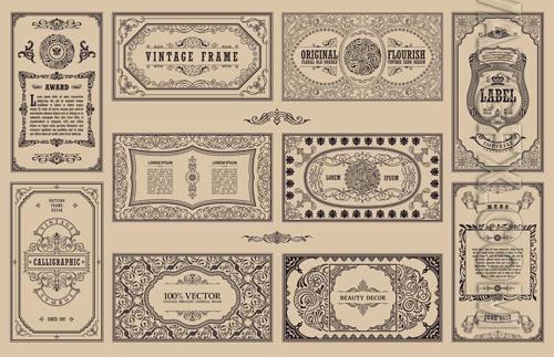 Vector calligraphic vintage frames and retro cards floral engraving design labels