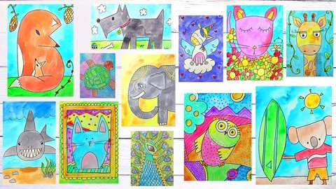 Art For Kids & Beginners Draw & Watercolor Paint 12 Animals