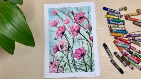 Floral Oil Pastel Drawing With Blurred Background