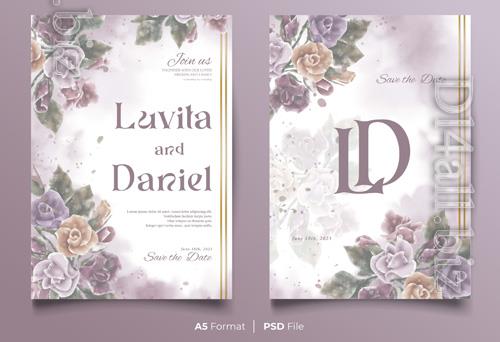PSD watercolor wedding invitation template with colorful flower