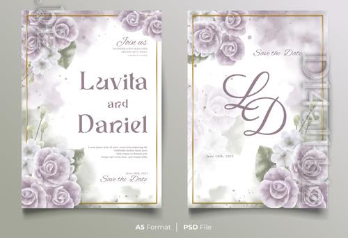 PSD watercolor wedding invitation template with violet flower