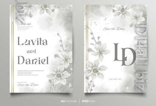 PSD watercolor wedding invitation template with white flower