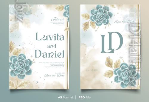 Watercolor psd wedding invitation template with blue and yellow flower