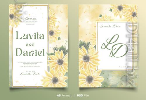 PSD watercolor wedding invitation template with yellow and green flower