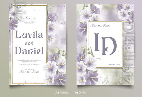PSD watercolor wedding invitation template with blue and white flower
