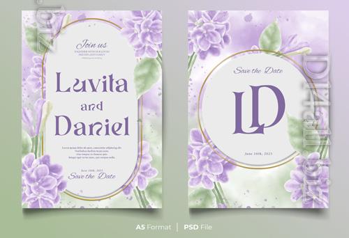 PSD watercolor wedding invitation template with purple and green flower