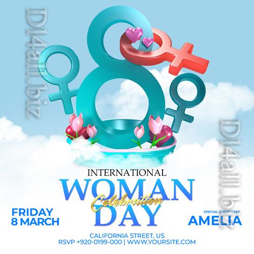 PSD happy women day celebration flyer with flowers and hearts