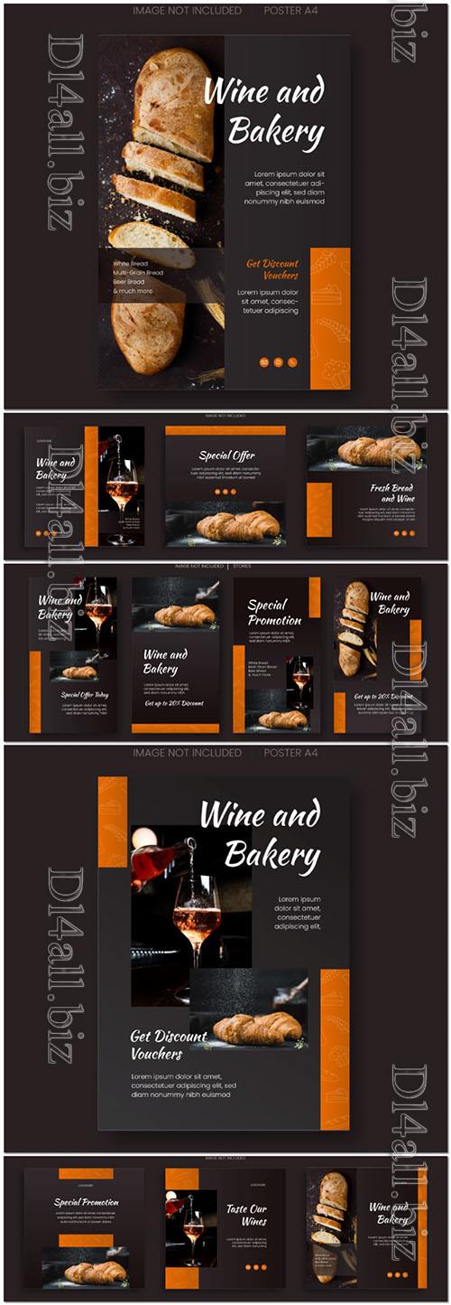 Bakery and wine social media design template stories psd design  set