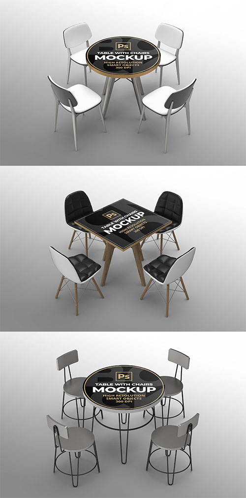 Round and square table with chairs mockup design template psd