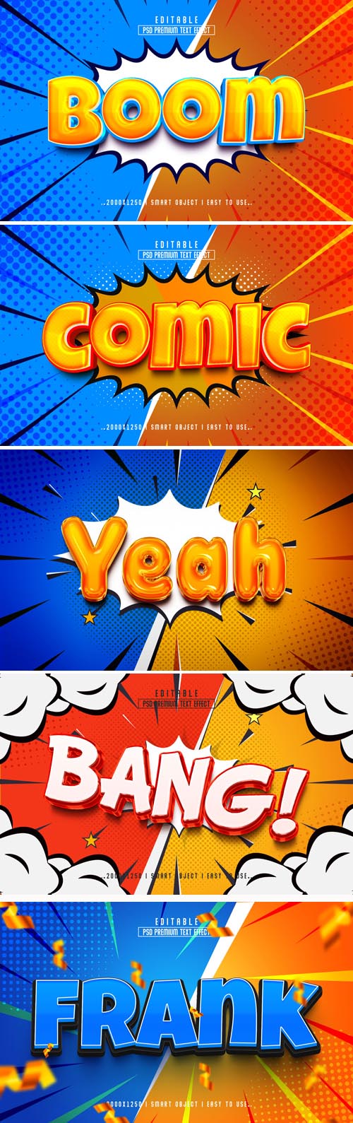 Psd comic, boom, bang 3d editable text effect style design template set 