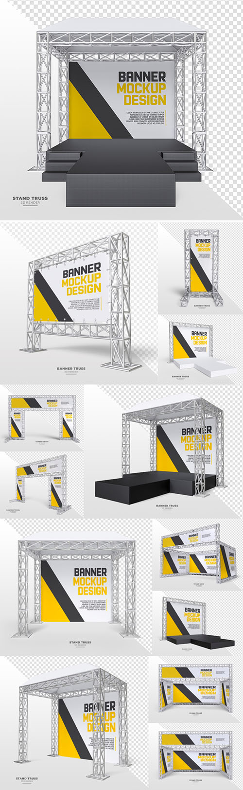 Outdoor advertising banner set with realistic metal truss system black and yellow[PSD]