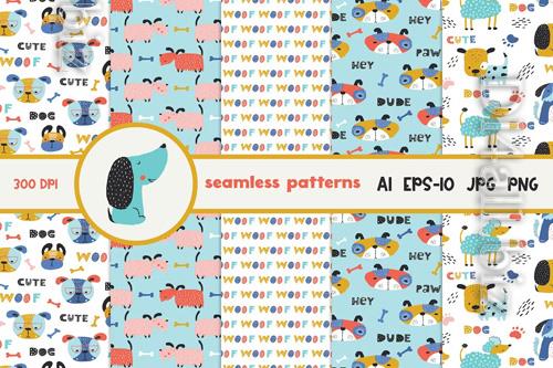 Childish Seamless Pattern with Funny Dogs Design Set