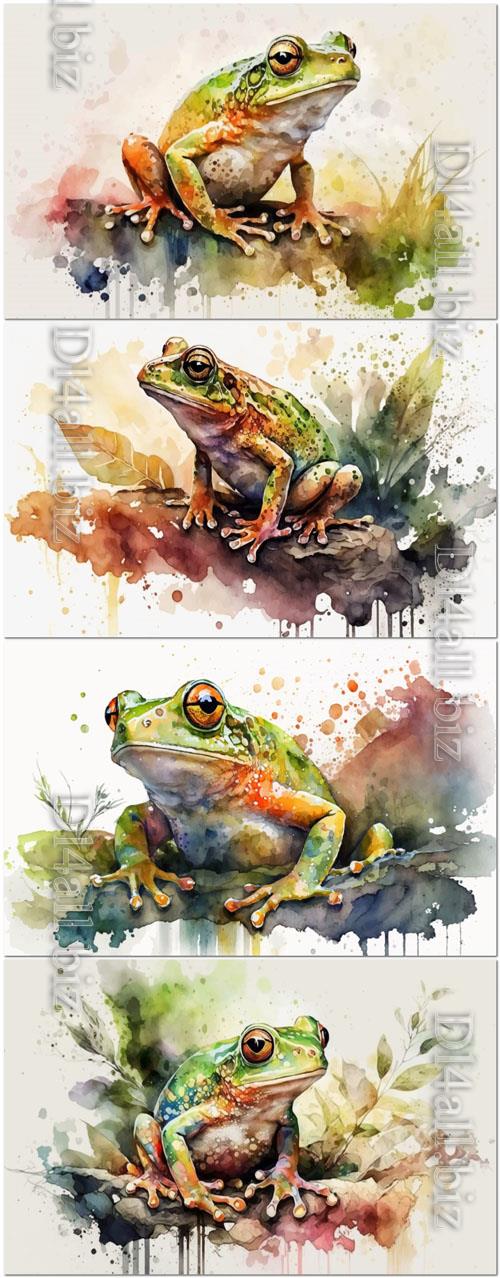 Watercolor vector illustrations of frogs in their natural habitat