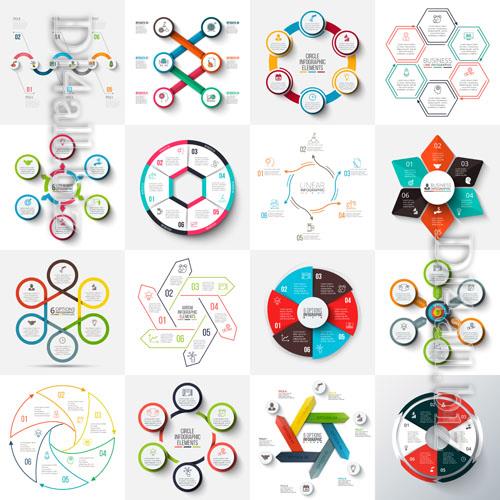 Arrows hexagons circles set and cycle elements infographic templates with 6 options