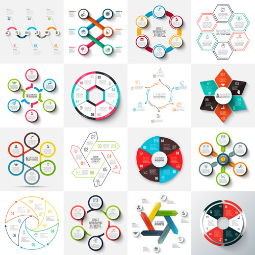 Arrows hexagons circles set and cycle elements infographic templates with 6 options 