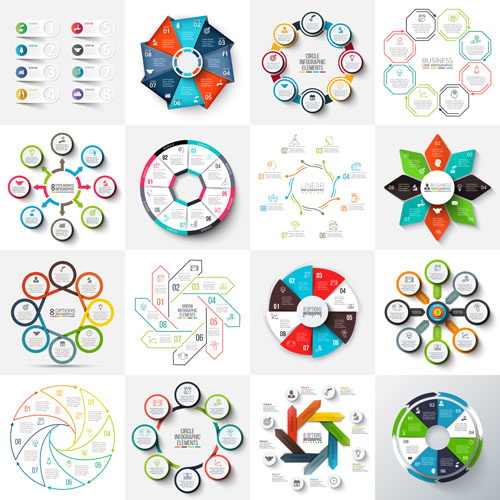 Arrows octagons circles vector set and cycle elements infographic templates with 8 options 