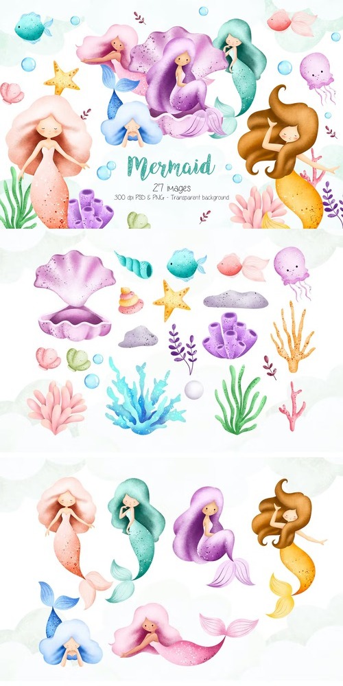 Mermaid and Sea Creature Clipart Design 