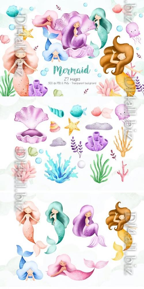Mermaid and Sea Creature Clipart Design