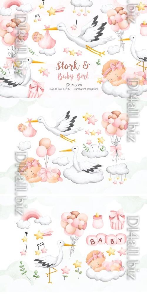 Stork and Baby Girl Clipart