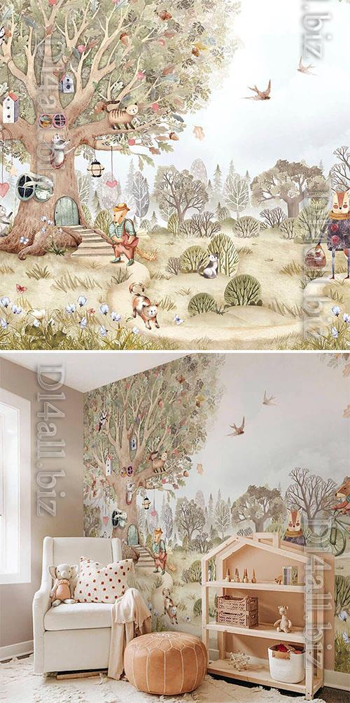 Big tree and funny animals - Wallpaper for interior design