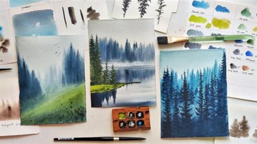 Paint gorgeous watercolor misty pines –  A beginner's guide –  Download Free