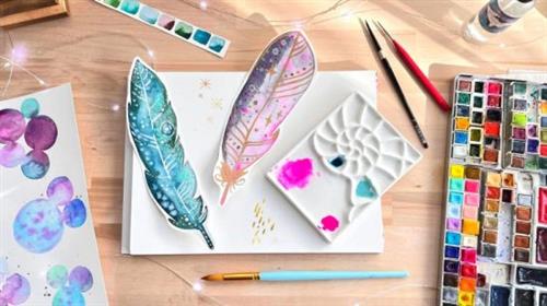 Playful Watercolor For Beginners –  Paint A Magical Feather Bookmark With The Wet– on– Wet Technique –  Download Free