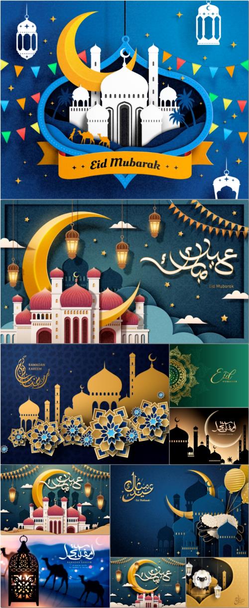 Ramadan, Eid mubarak vector poster design with arabic calligraphy 
