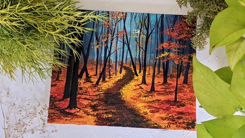 Acrylic Landscape Painting –  Autumn Forest Road –  Download Free