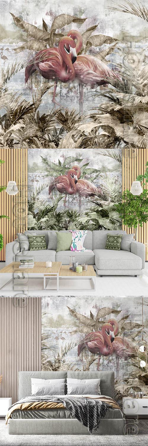 Flamingos and tropical leaves - Wallpaper for interior