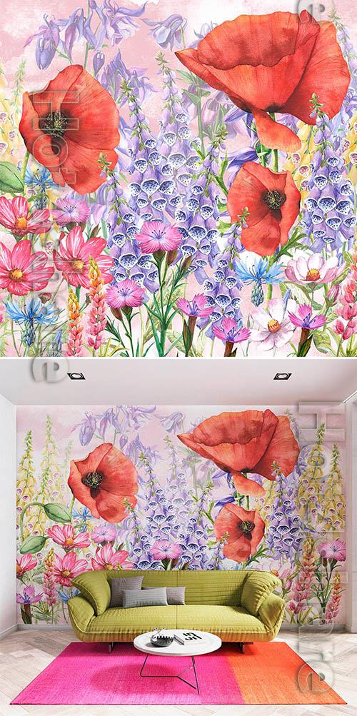 Red poppies and wildflowers - Wallpaper for interior
