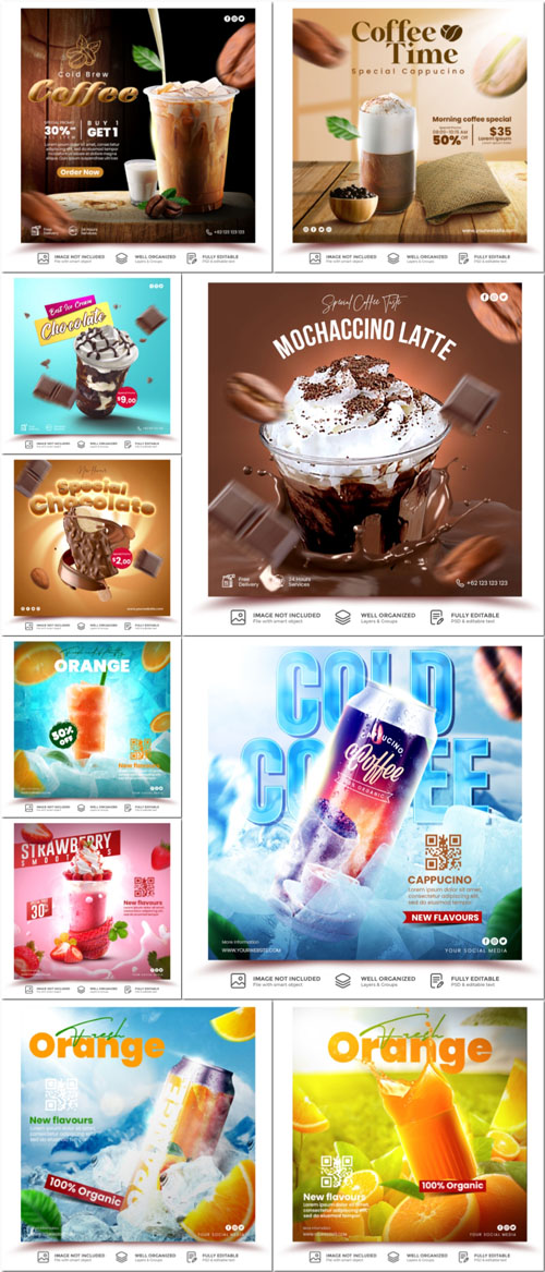 Flyer food and drink social media post, psd banner set vol 180