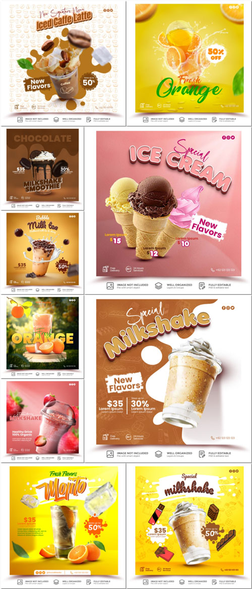 Flyer food and drink social media post, psd banner set vol 178